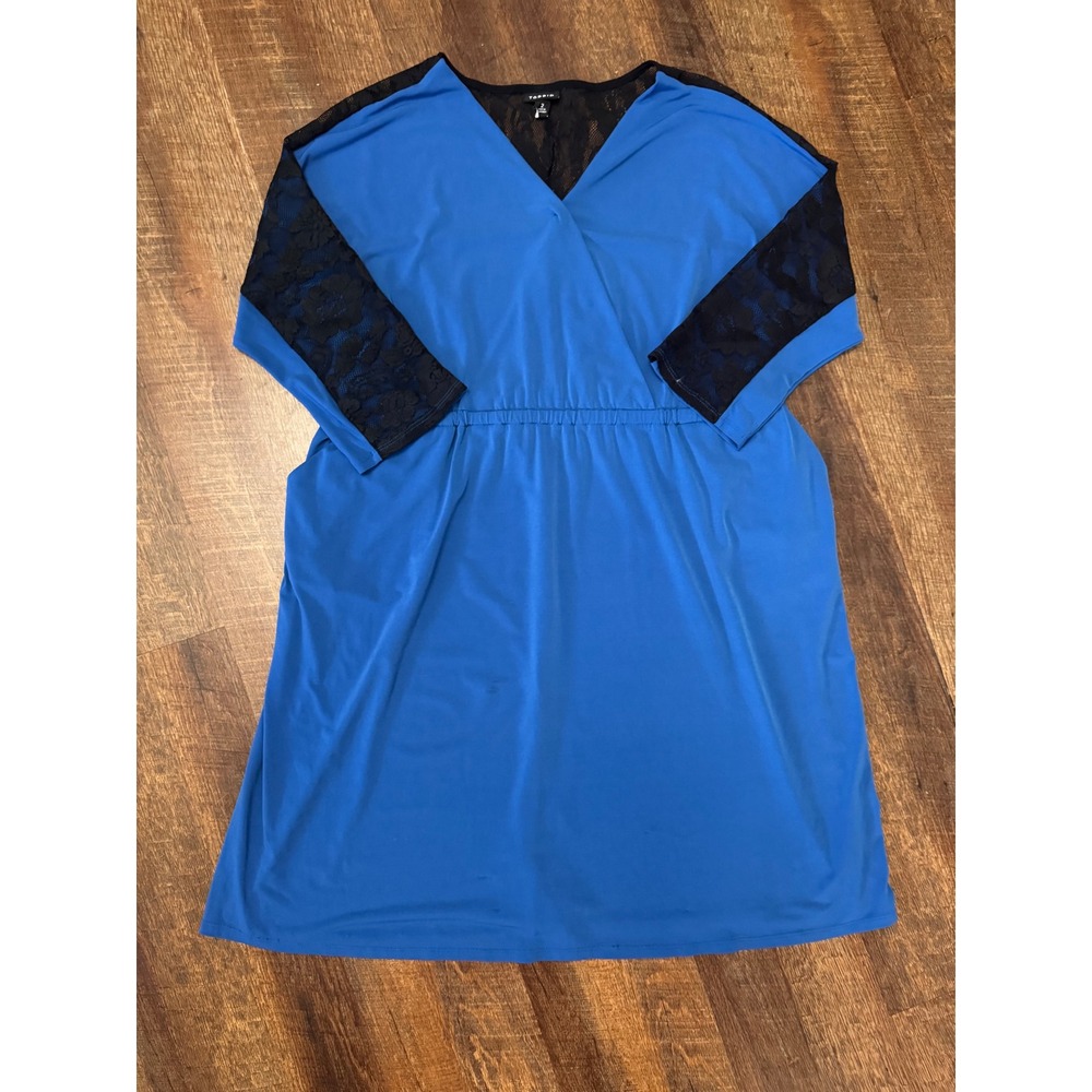 Torrid Size 2 2X 18/20 Blue Black Lace Surplice Dress Pockets 3/4 Sleeve